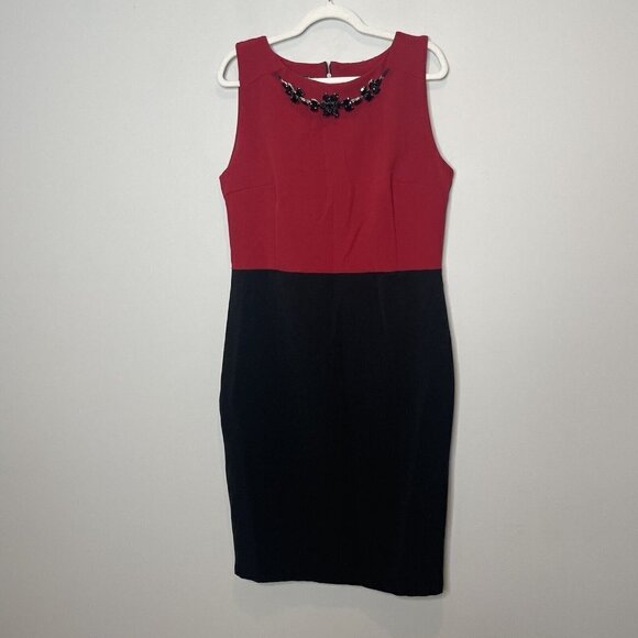 Rinascimento Red Black Colorblock Faux Necklace Sheath Dress Size 50 Italy - Picture 1 of 8